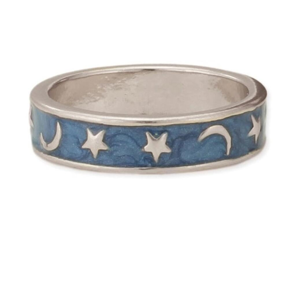 Celestial Star Moon Blue Enamel Band Ring Silver